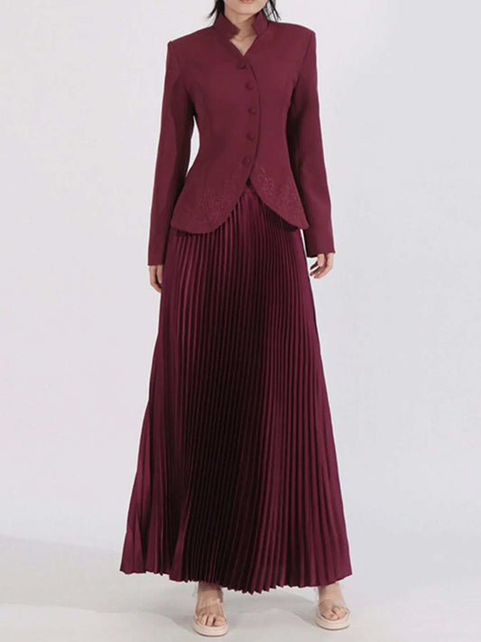 Button Up Long Sleeve Top and Pleated Skirt Set - Trendsi - Flyclothing LLC
