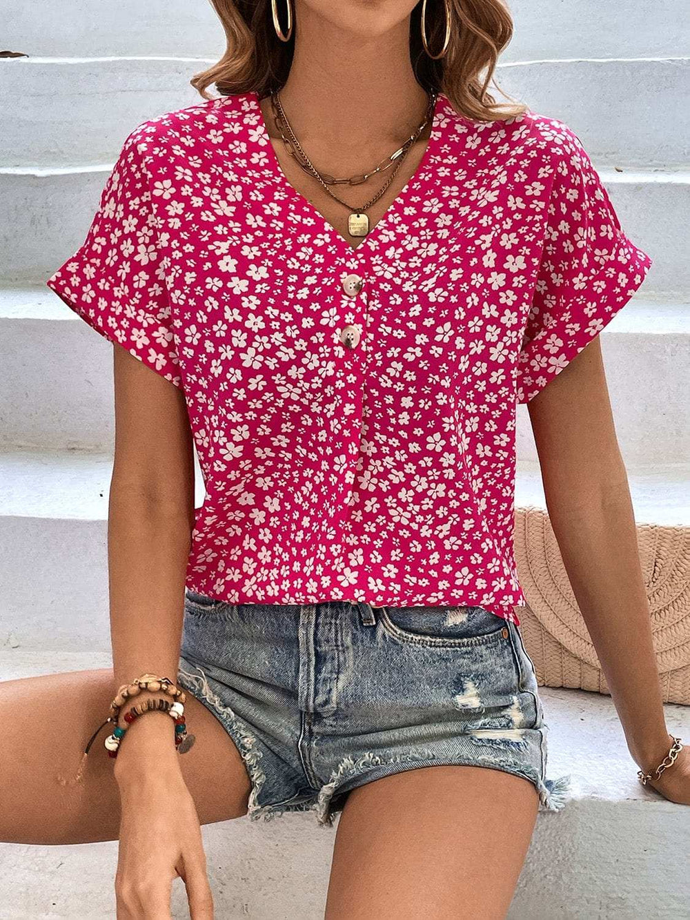 Printed V-Neck Short Sleeve Blouse - Trendsi - Flyclothing LLC