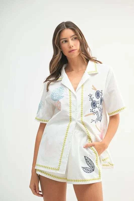MABLE Embroidered Button Down Shirt and Shorts Set - Trendsi - Flyclothing LLC