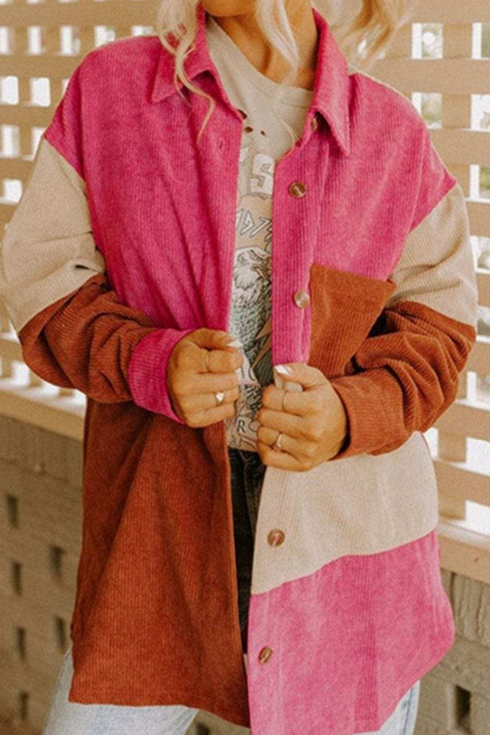 Color Block Curved Hem Corduroy Shacket with Pocket - Trendsi - Flyclothing LLC