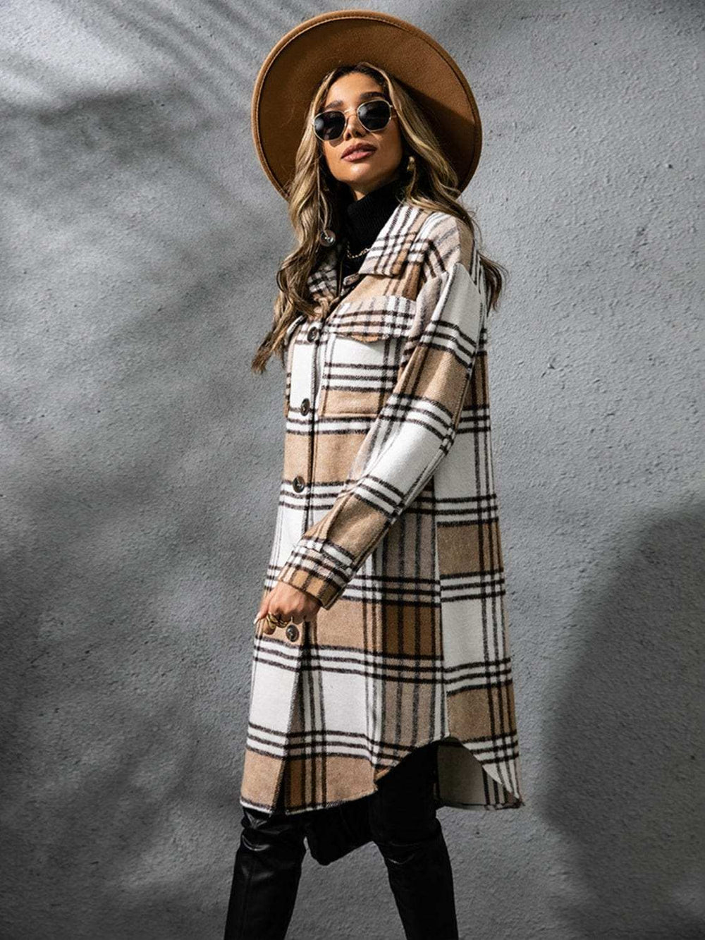 Plaid Collared Neck Long Sleeve Coat - Trendsi - Flyclothing LLC