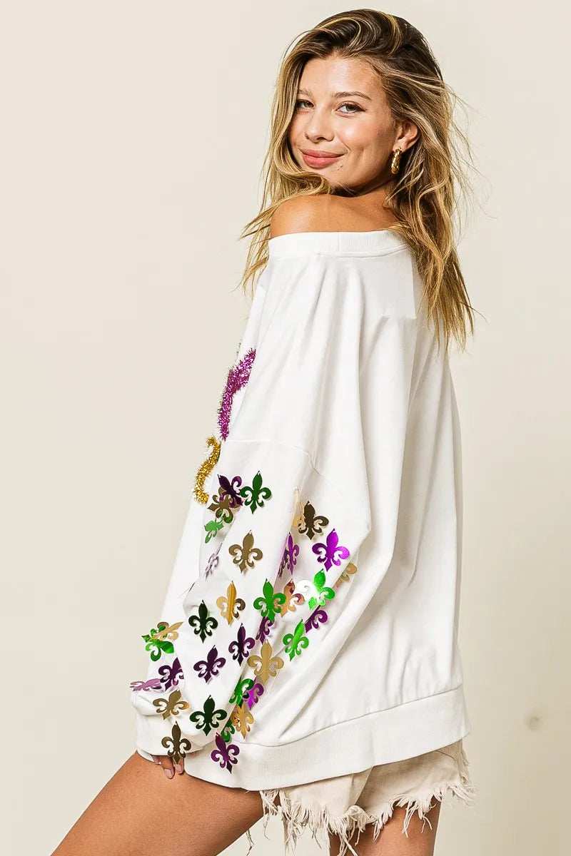 BiBi Fleur De Lis Sleeve Mardi Gras Pullover - Trendsi - Flyclothing LLC
