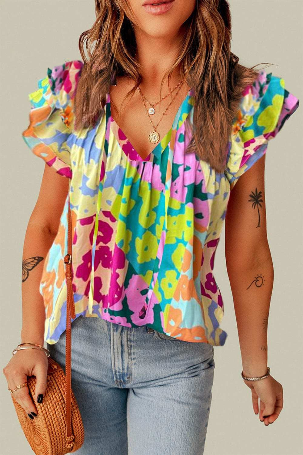 Ruffled Printed Tie Neck Cap Sleeve Blouse - Trendsi - Flyclothing LLC