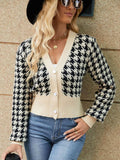 Houndstooth Button Up Long Sleeve Cardigan - Trendsi - Flyclothing LLC