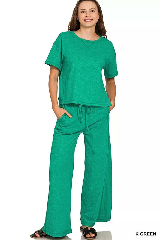 Zenana Cotton Slub Short Sleeve Tee and Pants Set - Trendsi - Flyclothing LLC