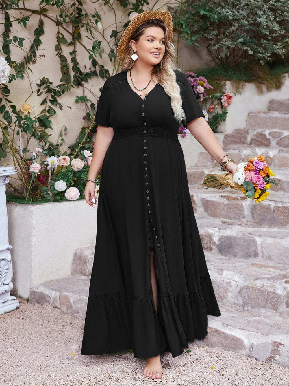 Plus Size Ruffled Hem Button Down V-Neck Short Sleeve Maxi Dress - Trendsi - Flyclothing LLC