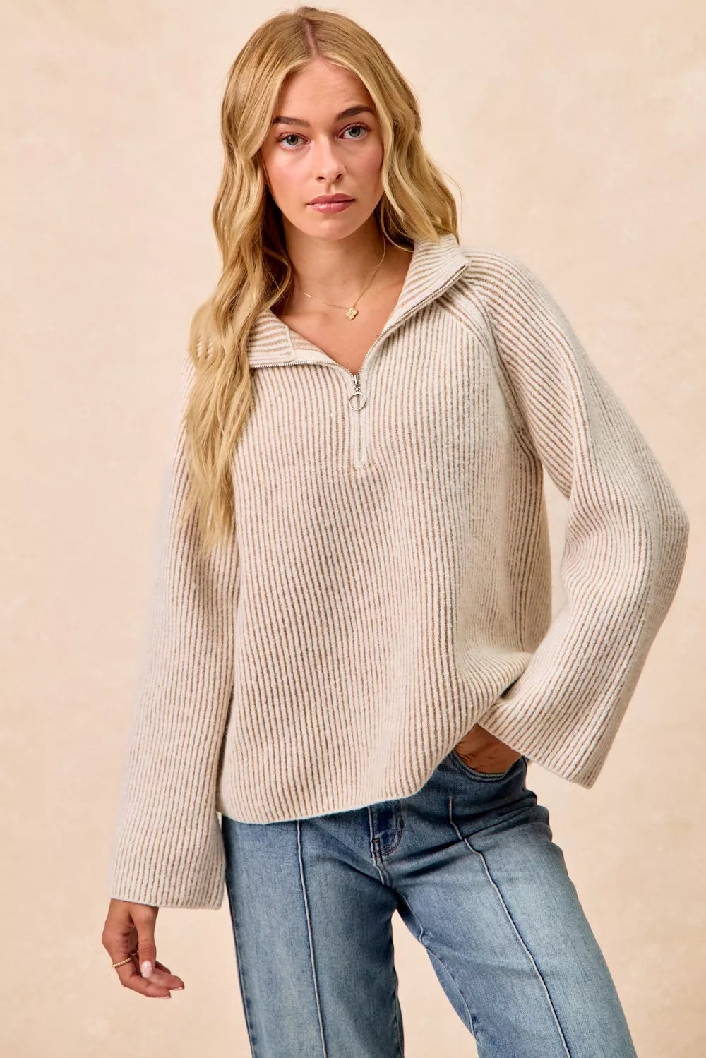 BiBi Two Tone Rib Texured Knit Collared Top with Zip Up - Trendsi - Flyclothing LLC