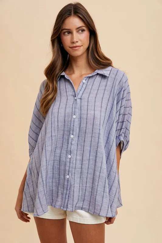 Annie Wear Striped Button Up Half Sleeve Shirt - Trendsi - Flyclothing LLC