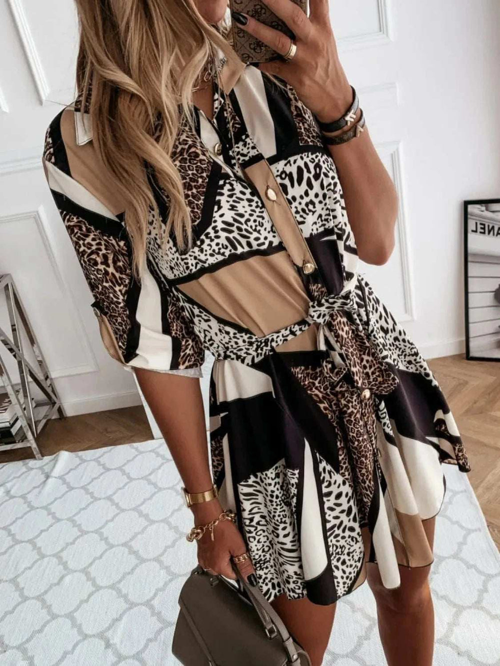 Printed Tie Waist Roll-Tab Sleeve Mini Dress - Trendsi - Flyclothing LLC