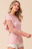 BiBi Ruffled Lace Sleeve Rib Knit Top - Trendsi - Flyclothing LLC