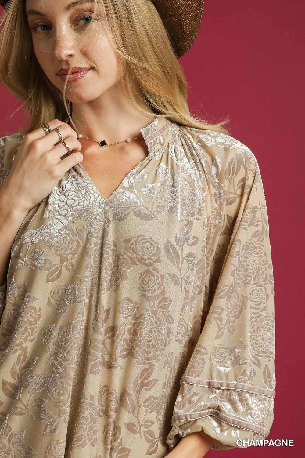 Umgee Floral Velvet Blouse with Balloon Sleeves - Trendsi - Flyclothing LLC