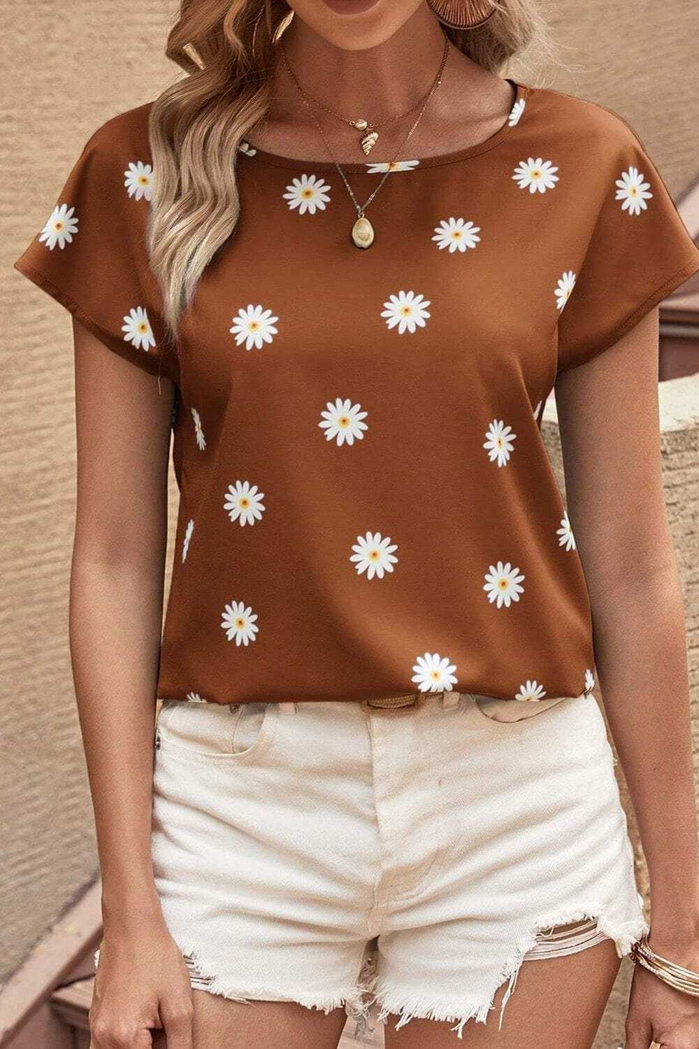 Daisy Printed Round Neck Short Sleeve Blouse - Trendsi - Flyclothing LLC
