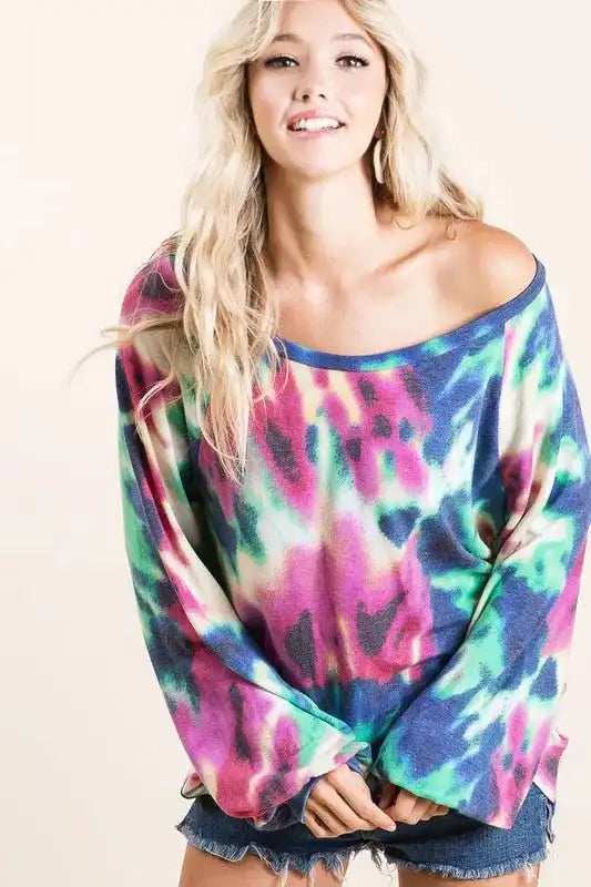 BiBi Tie Dye Print Terry Top with Puff Sleeves - Trendsi - Flyclothing LLC