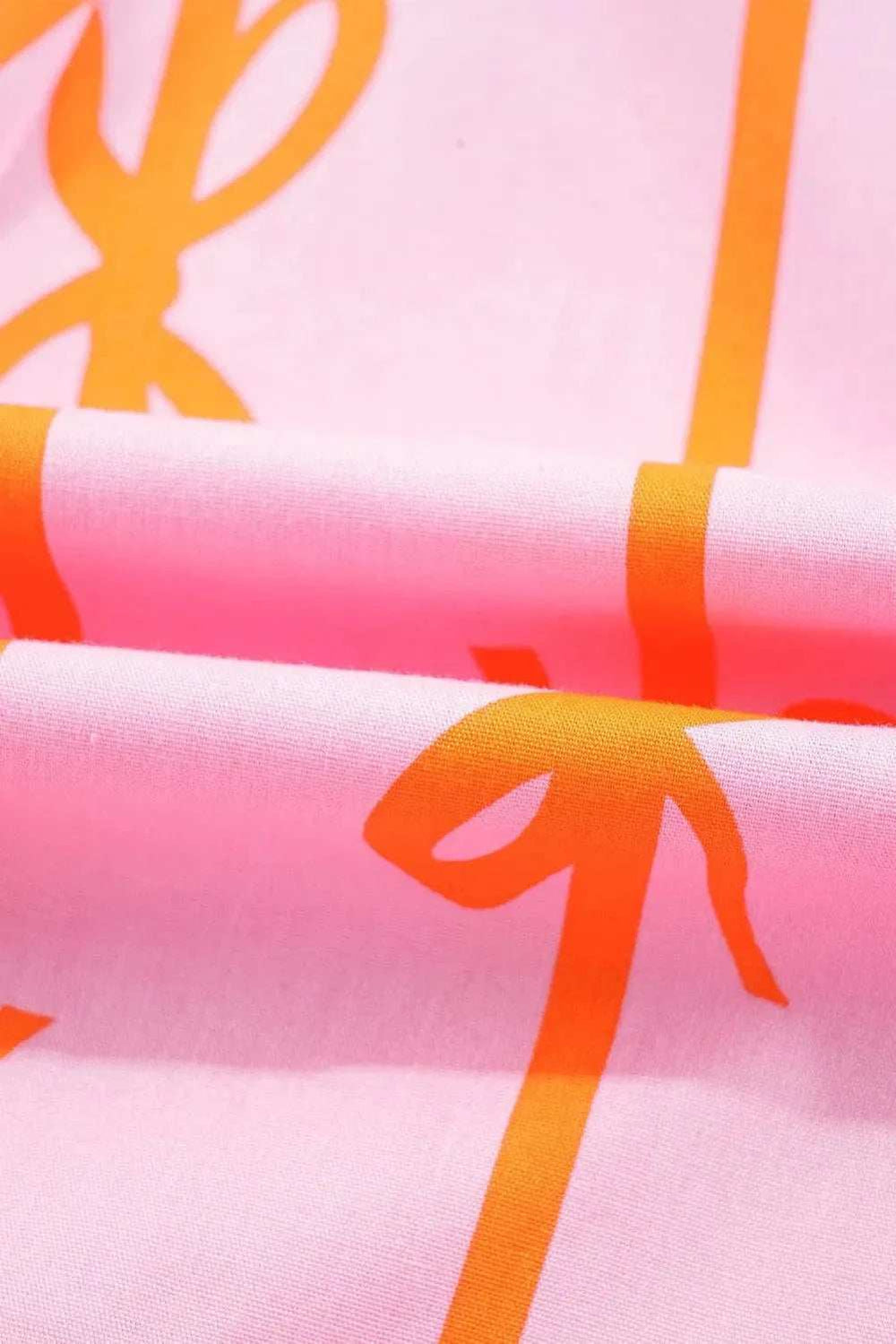 Ruffled Bow Printed Three-Quarter Sleeve Shirt Dress - Trendsi - Flyclothing LLC