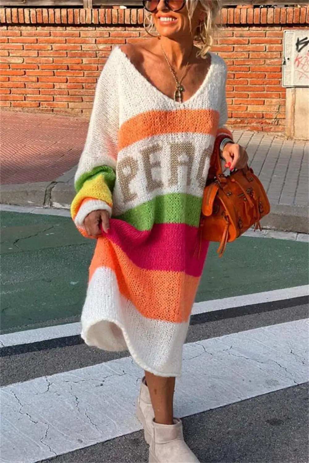 Color Block V-Neck Long Sleeve Sweater Dress - Trendsi - Flyclothing LLC