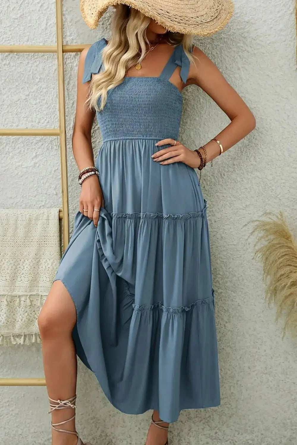 Smocked Tiered Midi Dress with Tie Straps - Trendsi - Flyclothing LLC