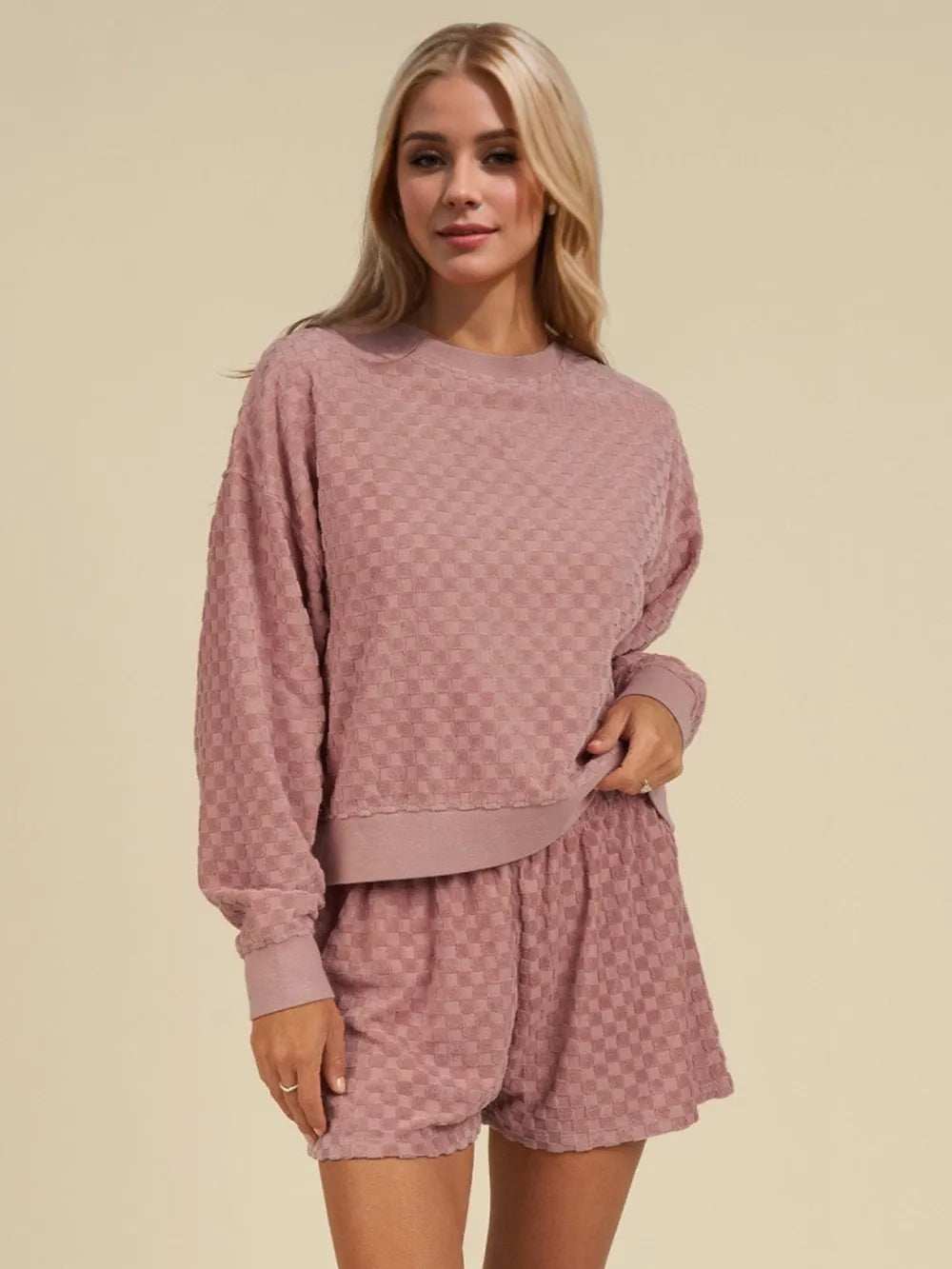 Oh Checkered Round Neck Long Sleeve Top and Shorts Set - Trendsi - Flyclothing LLC