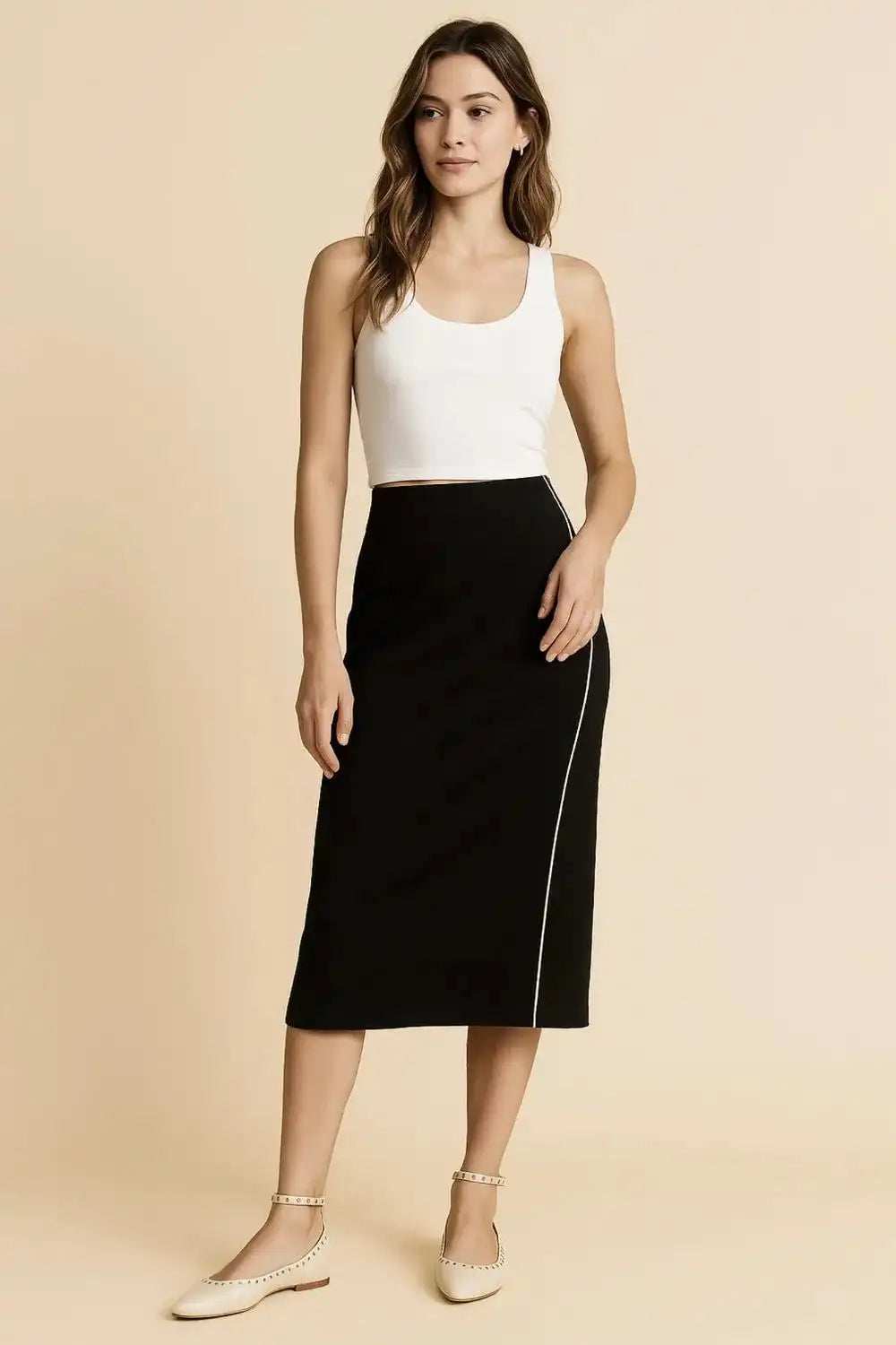 Umgee Midi Pencil Skirt with Contrast Piping Detail - Trendsi - Flyclothing LLC