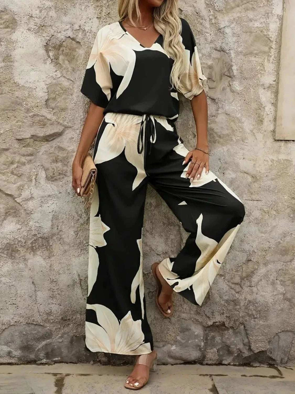 Printed V-Neck Top and Wide Leg Pants Set - Trendsi - Flyclothing LLC