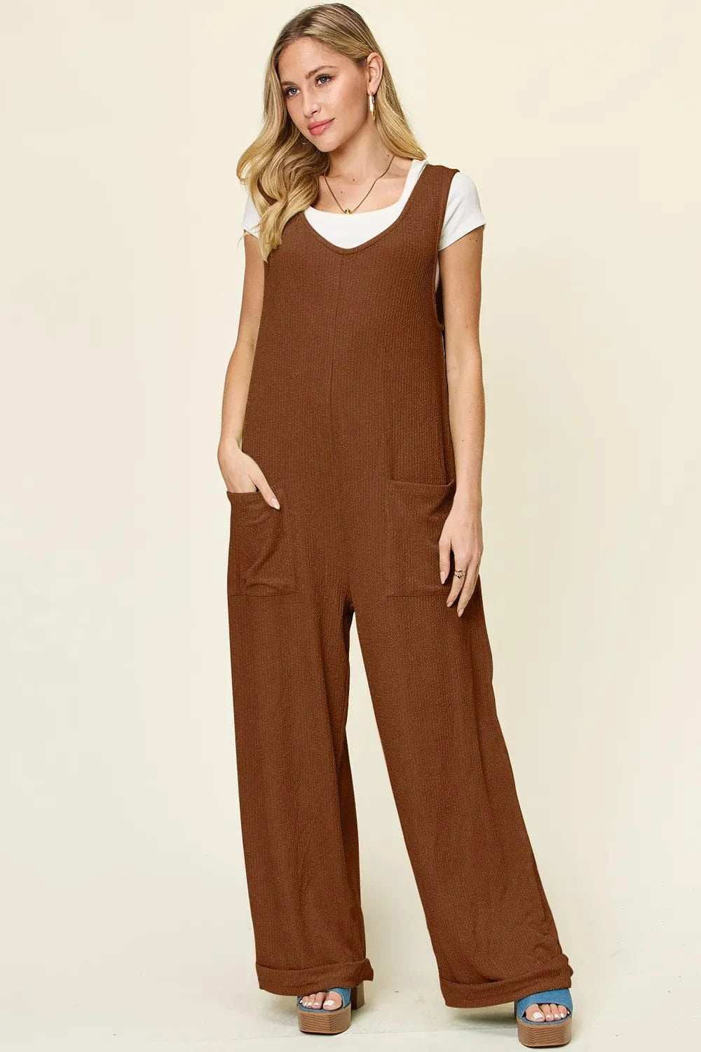 Double Take Full Size Texture Sleeveless Wide Leg Jumpsuit - Trendsi - Flyclothing LLC