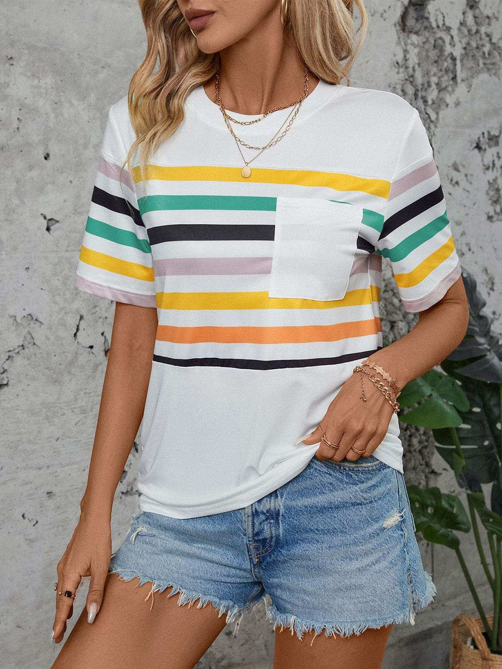 Striped Round Neck Short Sleeve T-Shirt - Trendsi - Flyclothing LLC