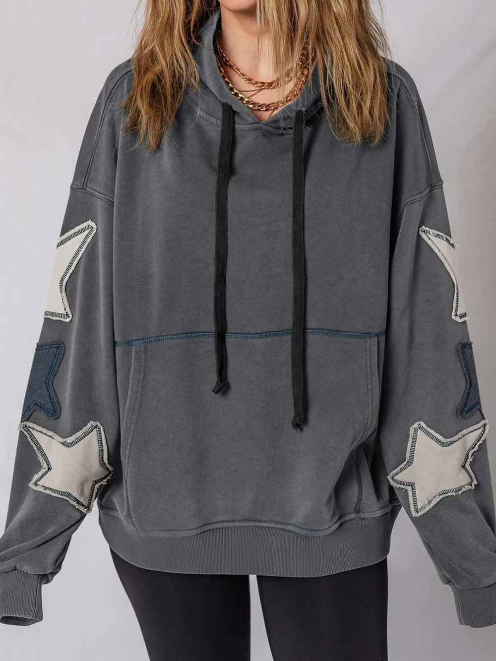 Star Patchwork Contrast Stitching Mineral Wash Kangaroo Pocket Hoodie - Trendsi - Flyclothing LLC