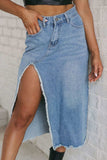 Raw Hem Slit Denim Skirt with Pockets - Trendsi - Flyclothing LLC
