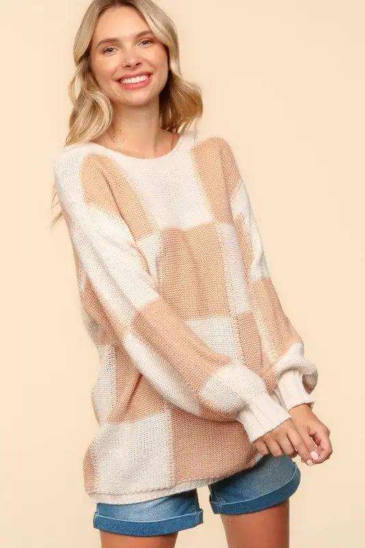 Haptics Full Size Checkered Round Neck Drop Shoulder Sweater - Trendsi - Flyclothing LLC