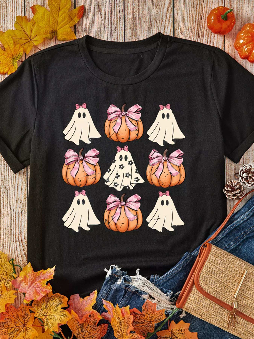 Halloween Bowknot Ghost Pumpkin Graphic T Shirt - Trendsi - Flyclothing LLC