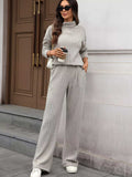 Ribbed Turtleneck Dropped Shoulder Top and Pants Sweater Set - Trendsi - Flyclothing LLC