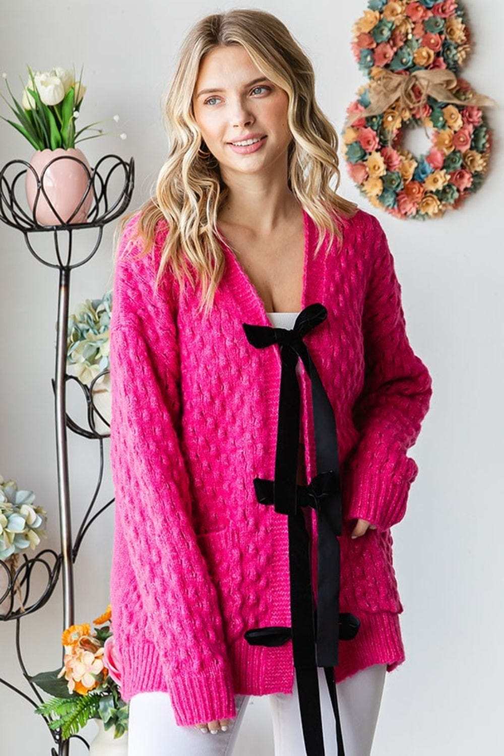 First Love Tie Closure Open Knit Cardigan - Trendsi - Flyclothing LLC