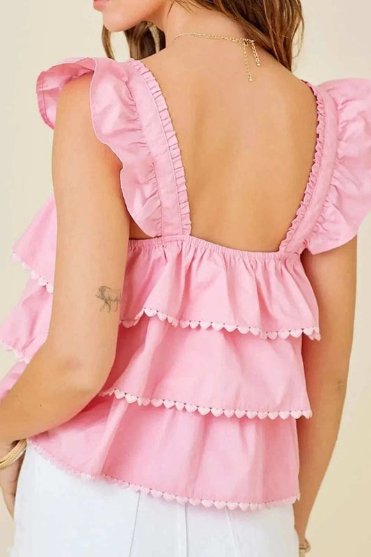 Tiered Heart Trim Square Neck Top - Trendsi - Flyclothing LLC