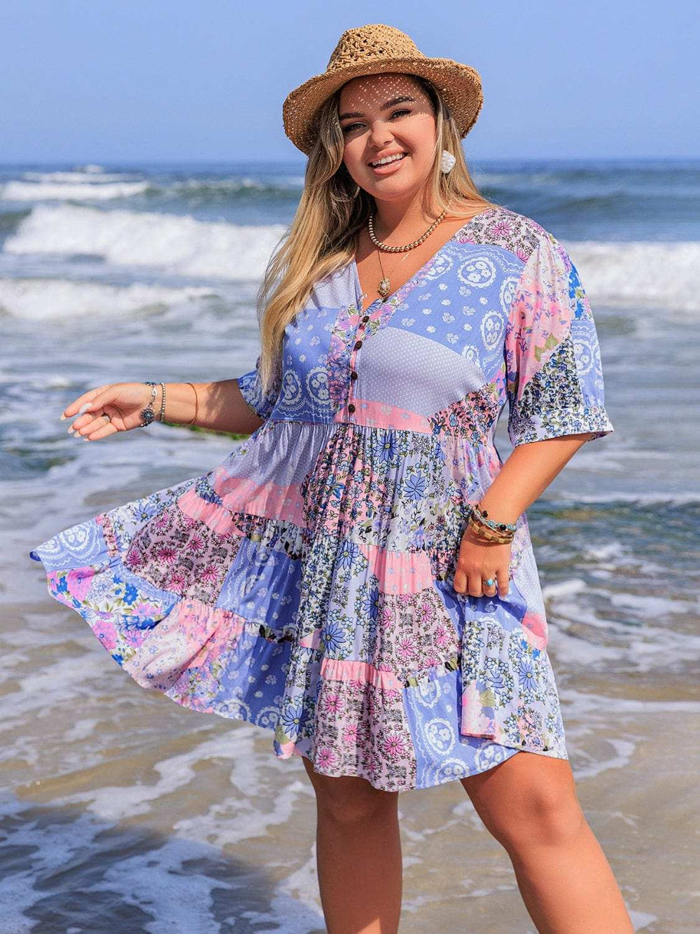 Plus Size Printed V-Neck Tiered Mini Dress - Trendsi - Flyclothing LLC