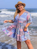 Plus Size Printed V-Neck Tiered Mini Dress - Trendsi - Flyclothing LLC