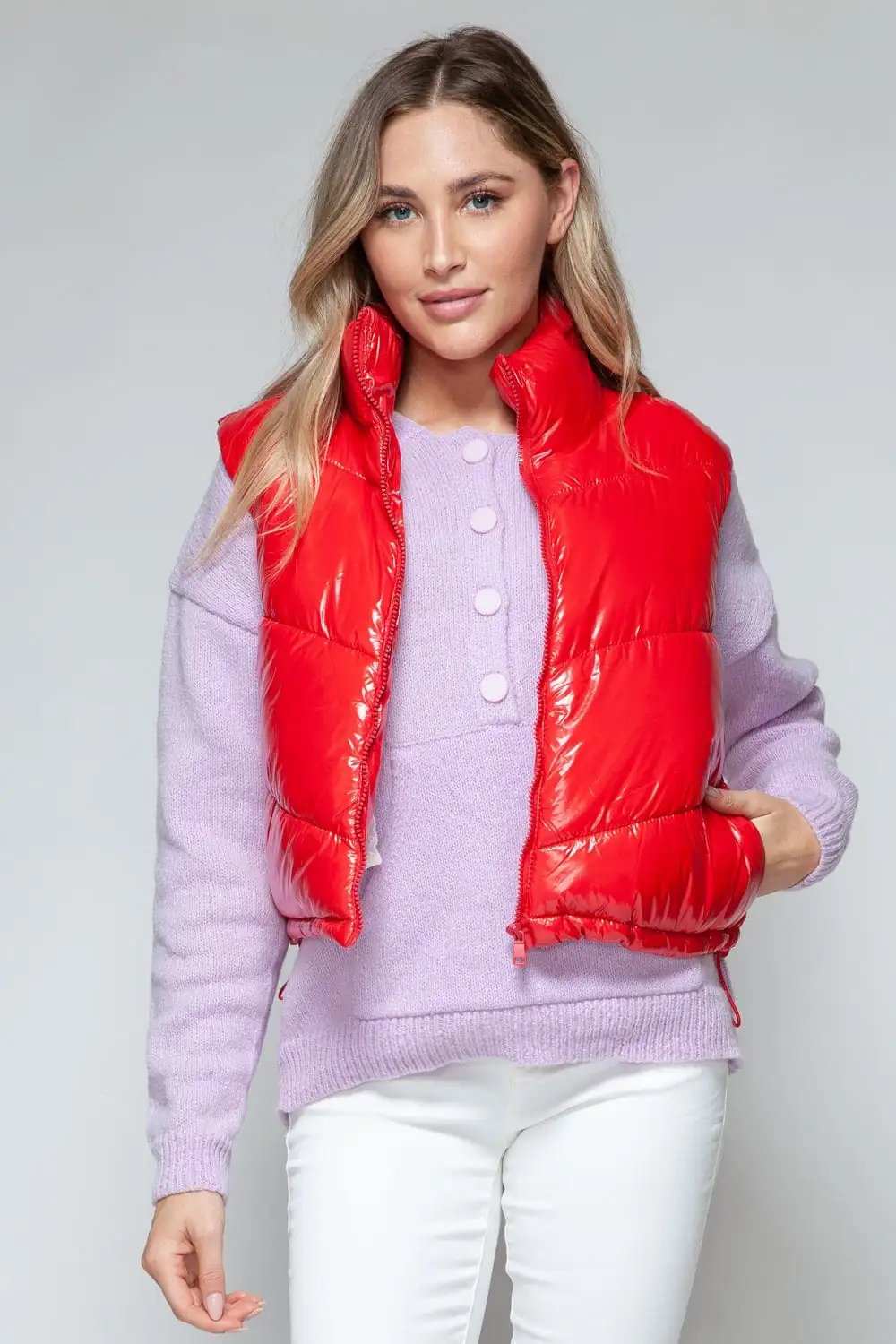 Snobbish Zip Up Turtleneck Shiny Quilted Vest - Trendsi - Flyclothing LLC