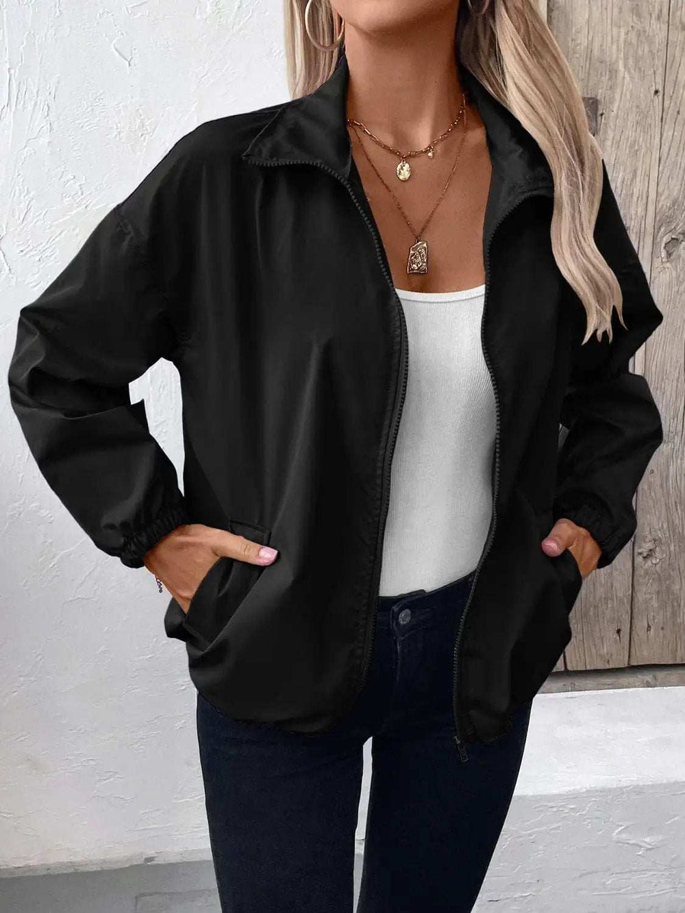 Pocketed Zip Up Long Sleeve Jacket - Trendsi - Flyclothing LLC