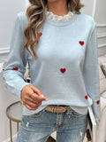 Lace Detail Heart Long Sleeve Sweater - Trendsi - Flyclothing LLC