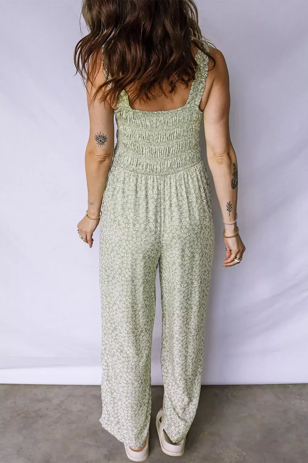 Smocked Bodice Square Neck Sleeveless Floral Jumpsuit - Trendsi - Flyclothing LLC