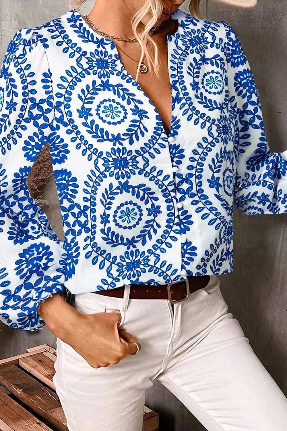 Printed Notched Long Sleeve Blouse - Trendsi - Flyclothing LLC