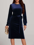 Round Neck Tie Waist Long Sleeve Velvet Dress - Trendsi - Flyclothing LLC