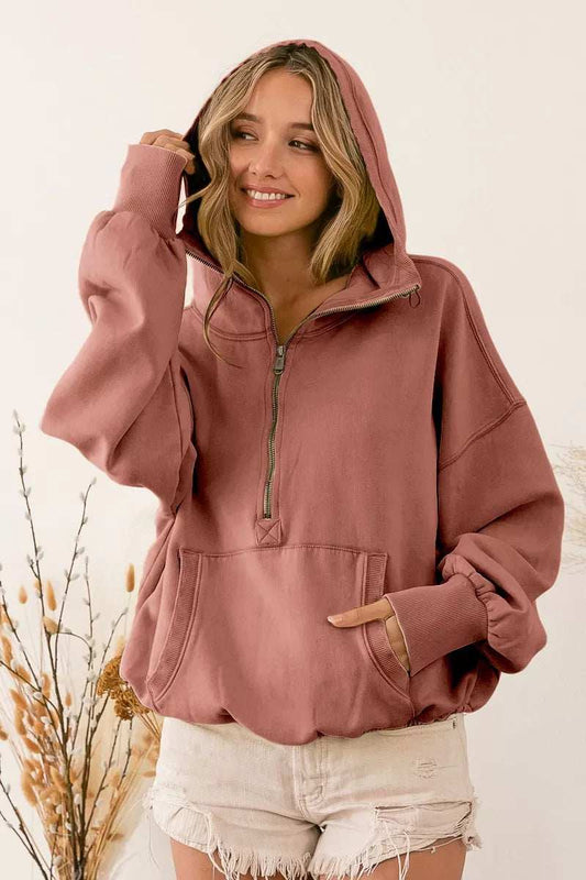 BiBi Stitch Detailed Elastic Hem Half Zip Fleece Hoodie - Trendsi - Flyclothing LLC