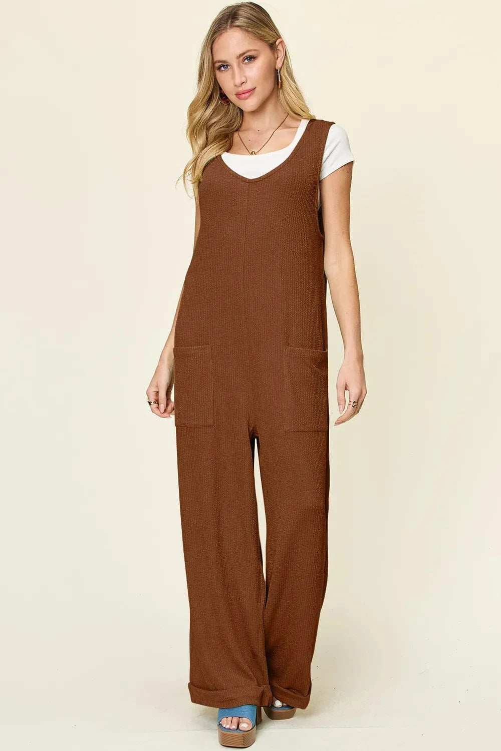 Double Take Full Size Texture Sleeveless Wide Leg Jumpsuit - Trendsi - Flyclothing LLC