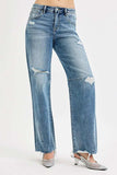 RISEN Full Size Mid Rise Fit Wide Baggy Leg Tie Washed Jeans Plus Size - Trendsi - Flyclothing LLC