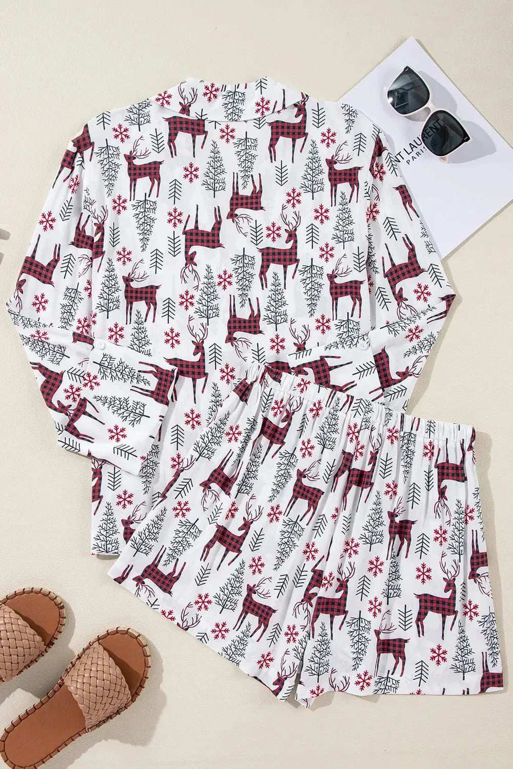 Printed Collared Neck Long Sleeve Top and Shorts Lounge Set - Trendsi - Flyclothing LLC