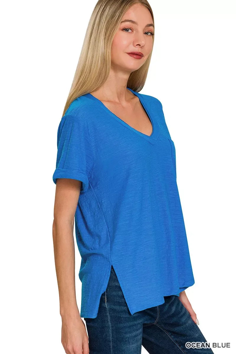 Zenana Slub Rolled Short Sleeve V-Neck Tee - Trendsi - Flyclothing LLC
