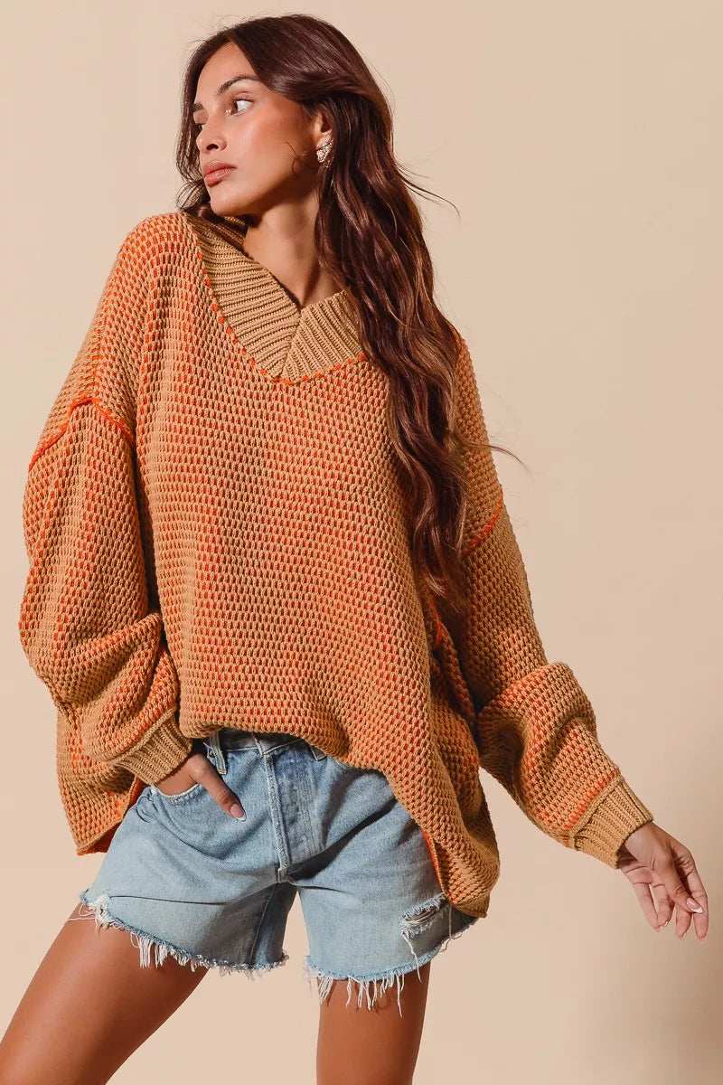 SO ME Oversized Two Tone Textured V Neck Sweater - Trendsi - Flyclothing LLC