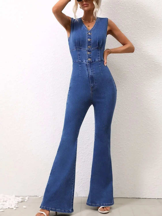 V-Neck Sleeveless Denim Jumpsuit - Trendsi - Flyclothing LLC
