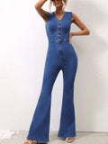V-Neck Sleeveless Denim Jumpsuit - Trendsi - Flyclothing LLC