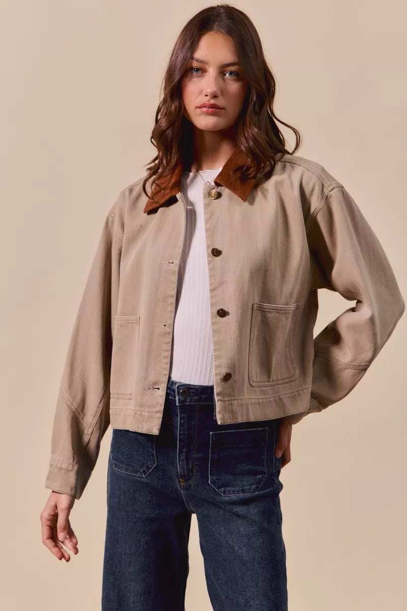 SO ME Cotton Twill Cropped Barn Jacket wtih Collar - Trendsi - Flyclothing LLC