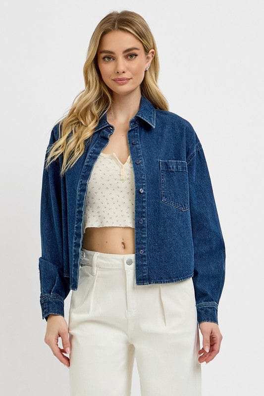 RISEN Button Up Long Sleeve Denim Shacket - Trendsi - Flyclothing LLC